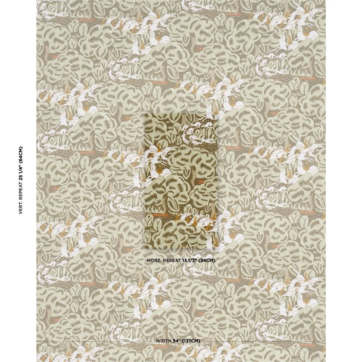 Schumacher 182342 Margaret Schloeman's Fox Chase Sage & Soft Brown fabric swatch