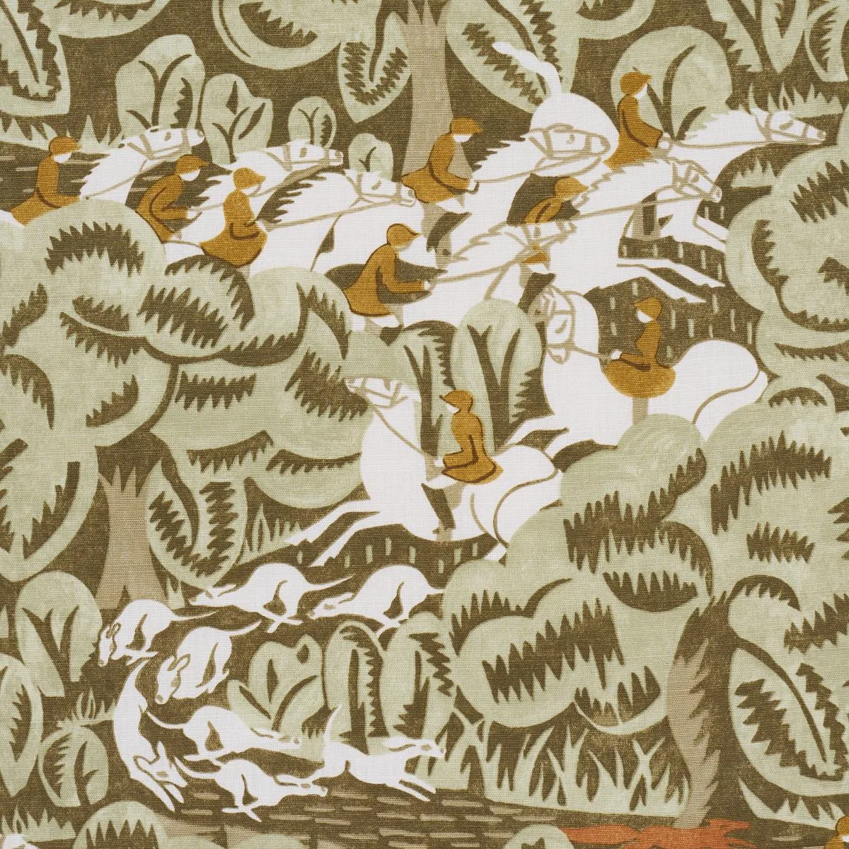 Schumacher 182342 Margaret Schloeman's Fox Chase Sage & Soft Brown fabric swatch