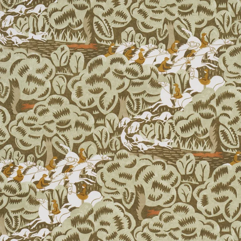 Schumacher 182342 Margaret Schloeman's Fox Chase Sage & Soft Brown fabric swatch