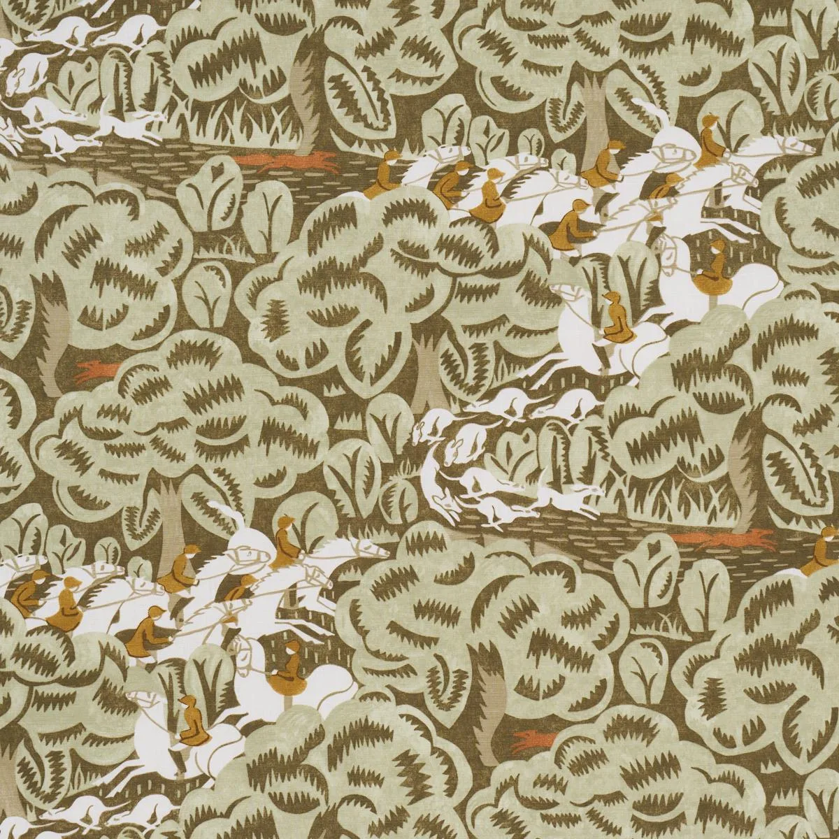 Schumacher 182342 Margaret Schloeman's Fox Chase Sage & Soft Brown fabric swatch
