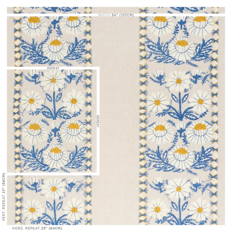 Schumacher 72332 Marguerite Embroidery Blue & Ochre fabric swatch