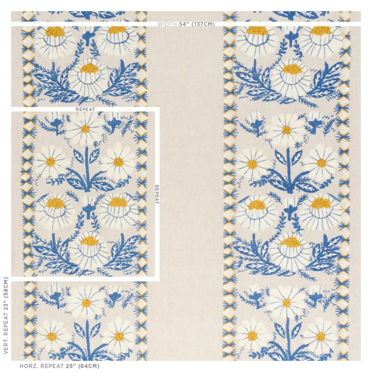 Schumacher 72332 Marguerite Embroidery Blue & Ochre fabric swatch