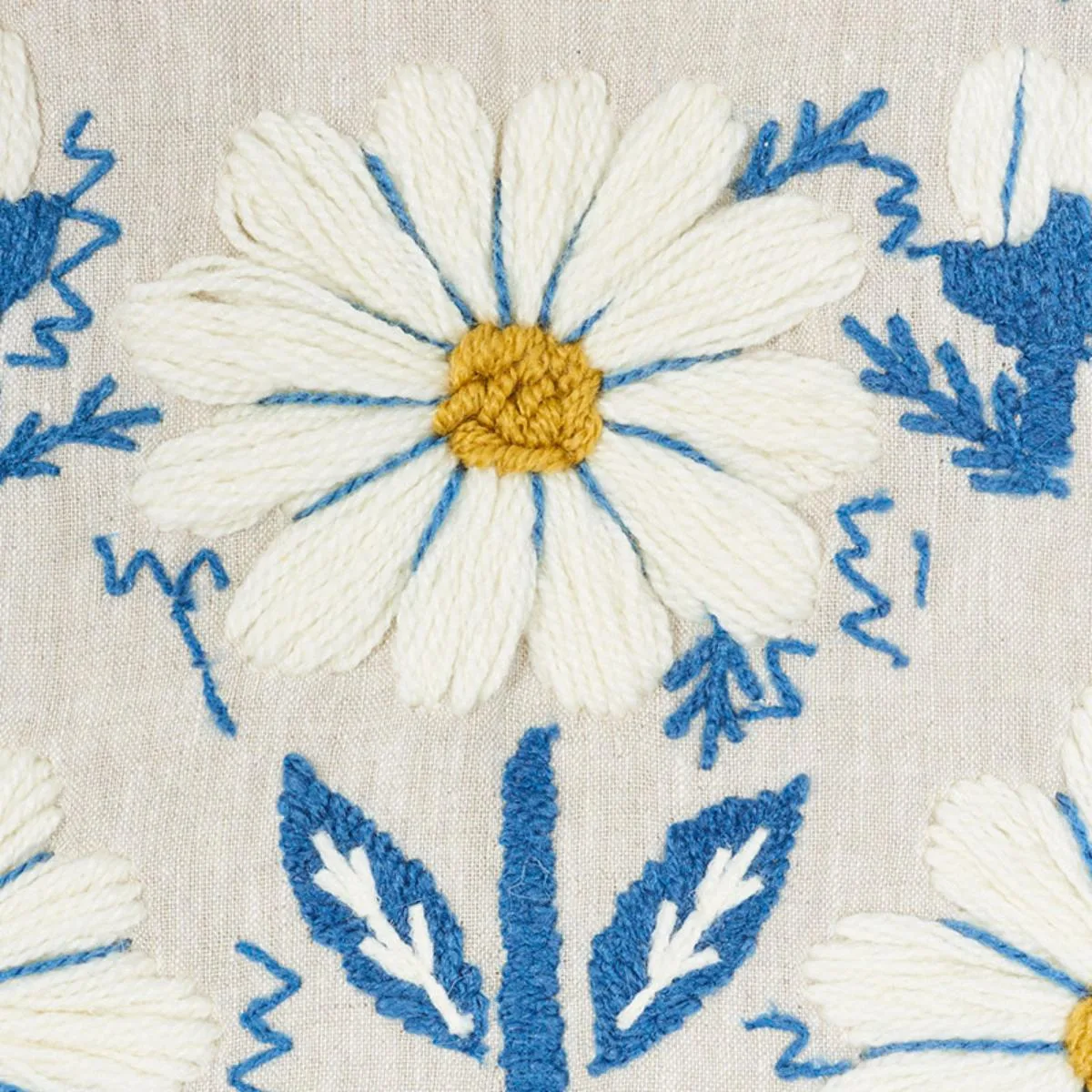 Schumacher 72332 Marguerite Embroidery Blue & Ochre fabric swatch
