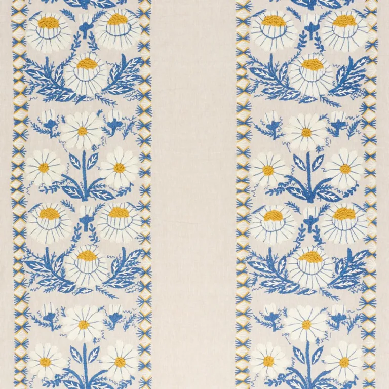 Schumacher 72332 Marguerite Embroidery Blue & Ochre fabric swatch