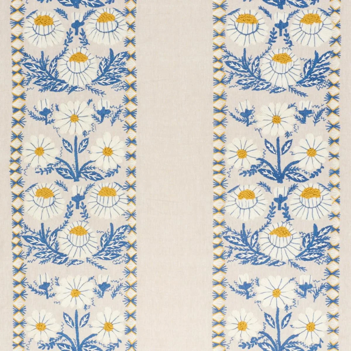 Schumacher 72332 Marguerite Embroidery Blue & Ochre fabric swatch