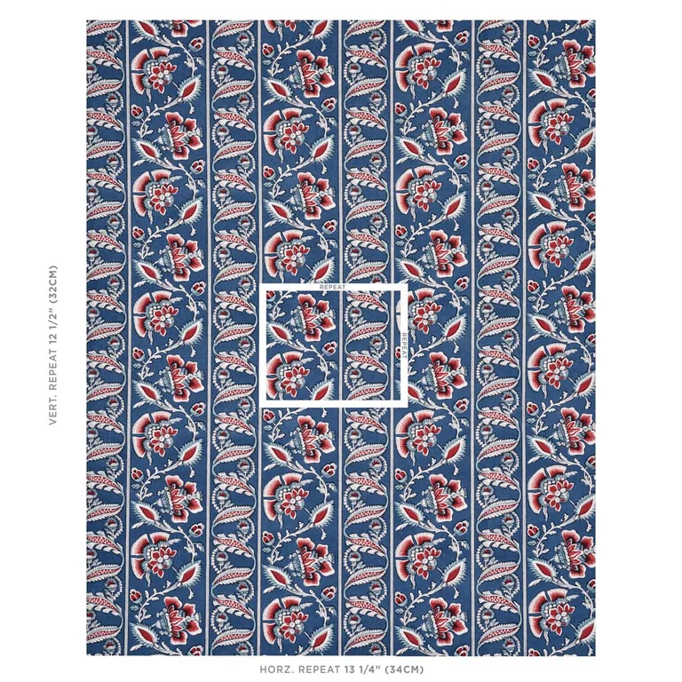 Schumacher 180530 Marielle Vine Denim & Red fabric swatch
