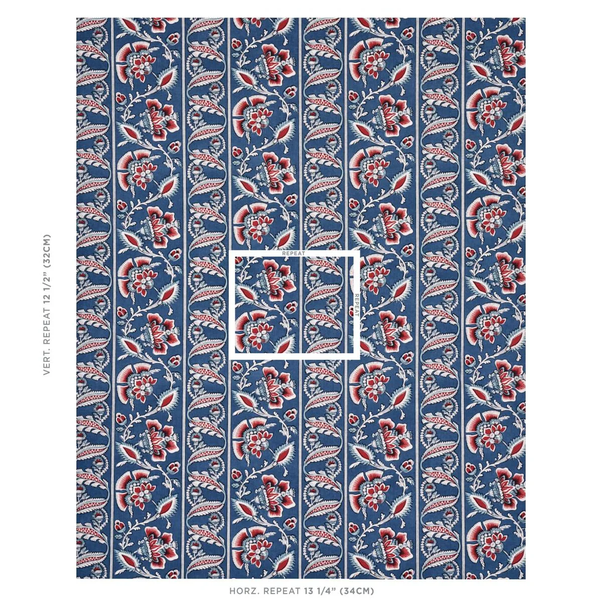 Schumacher 180530 Marielle Vine Denim & Red fabric swatch