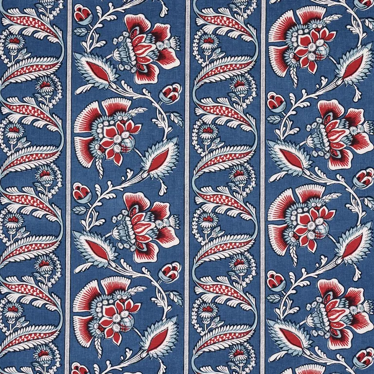 Schumacher 180530 Marielle Vine Denim & Red fabric swatch