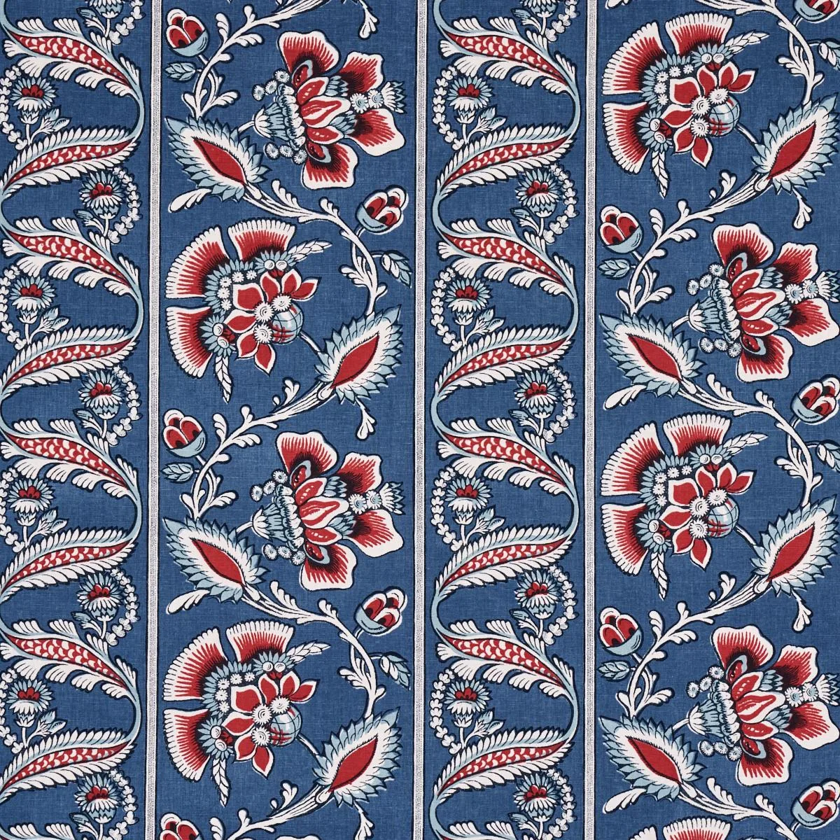 Schumacher 180530 Marielle Vine Denim & Red fabric swatch
