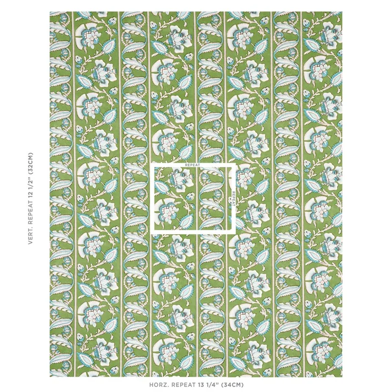 Schumacher 180531 Marielle Vine Green & Peacock fabric swatch