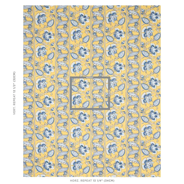 Schumacher 180532 Marielle Vine Yellow & Delft fabric swatch