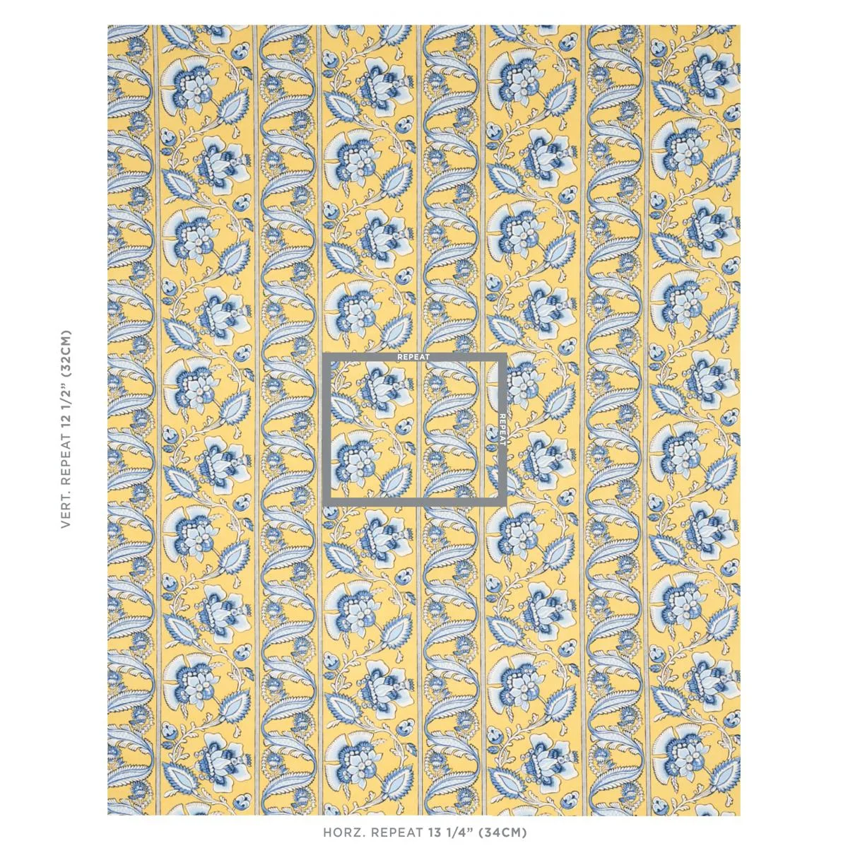 Schumacher 180532 Marielle Vine Yellow & Delft fabric swatch