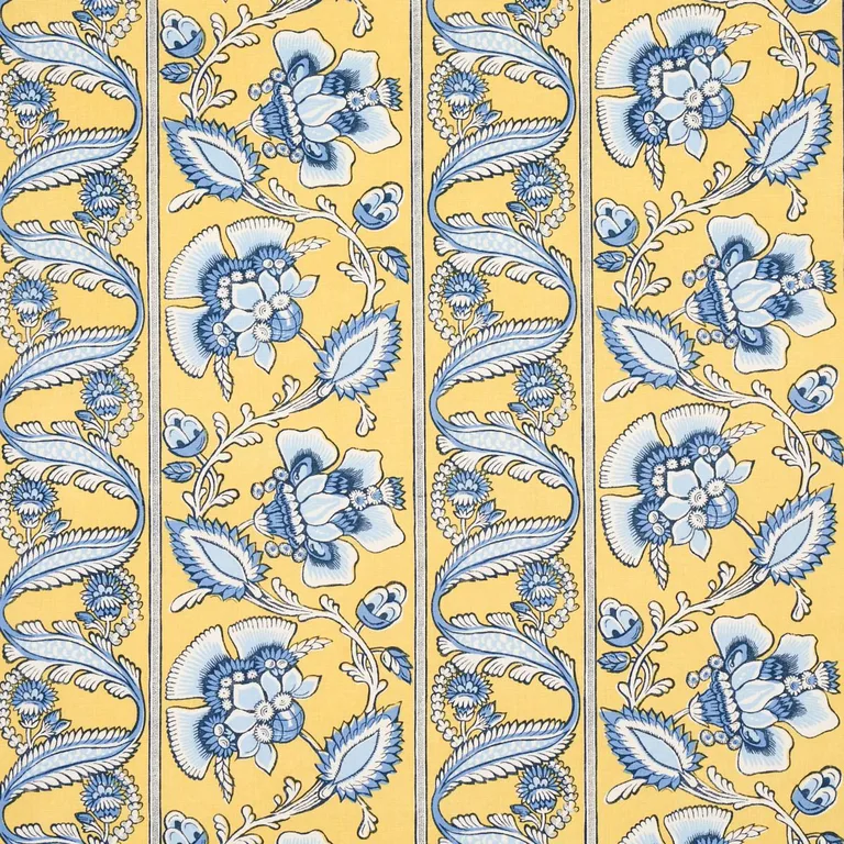 Schumacher 180532 Marielle Vine Yellow & Delft fabric swatch
