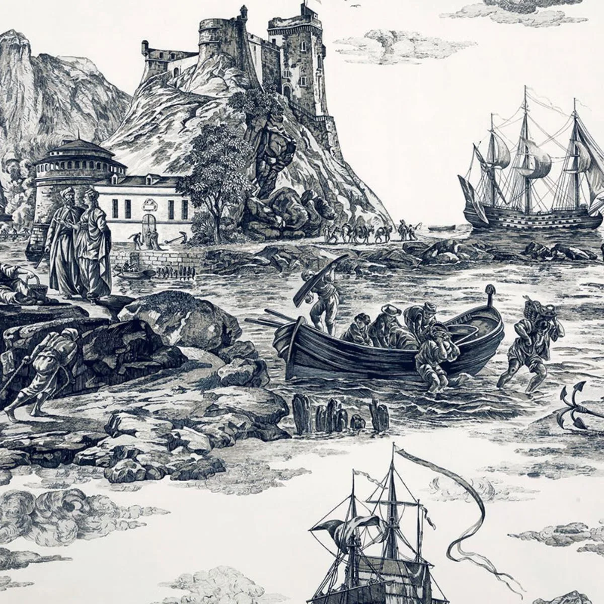 Schumacher 176162 Marine Toile Black fabric swatch