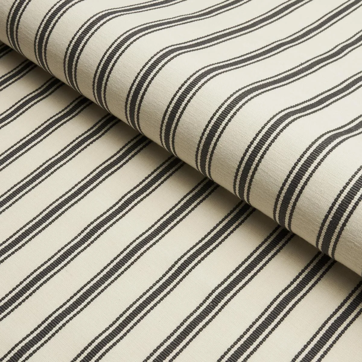 Schumacher 82201 Marquet Ticking Stripe Carbon fabric swatch