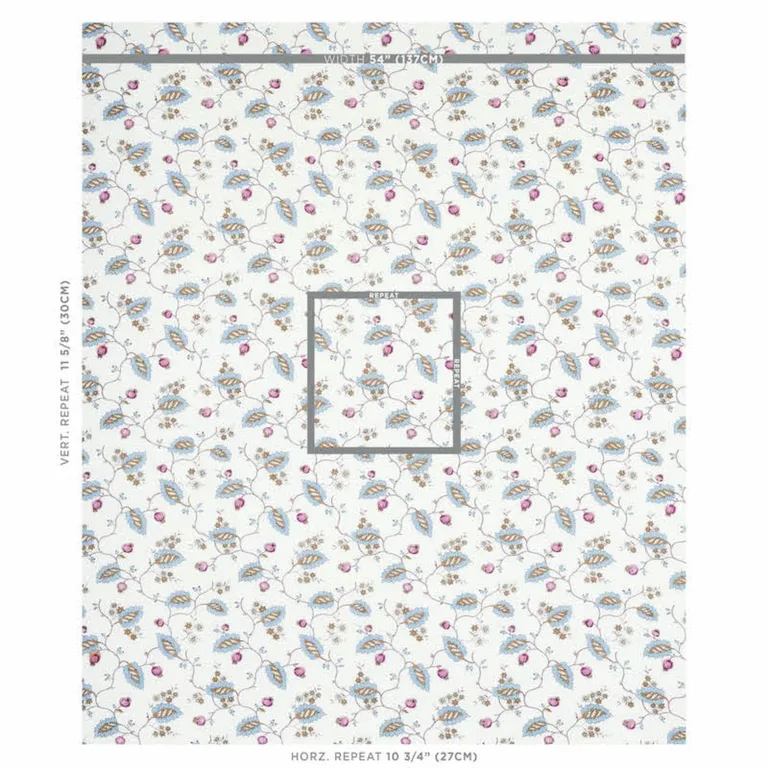 Schumacher 179452 Maryam Vine Sky & Plum fabric swatch