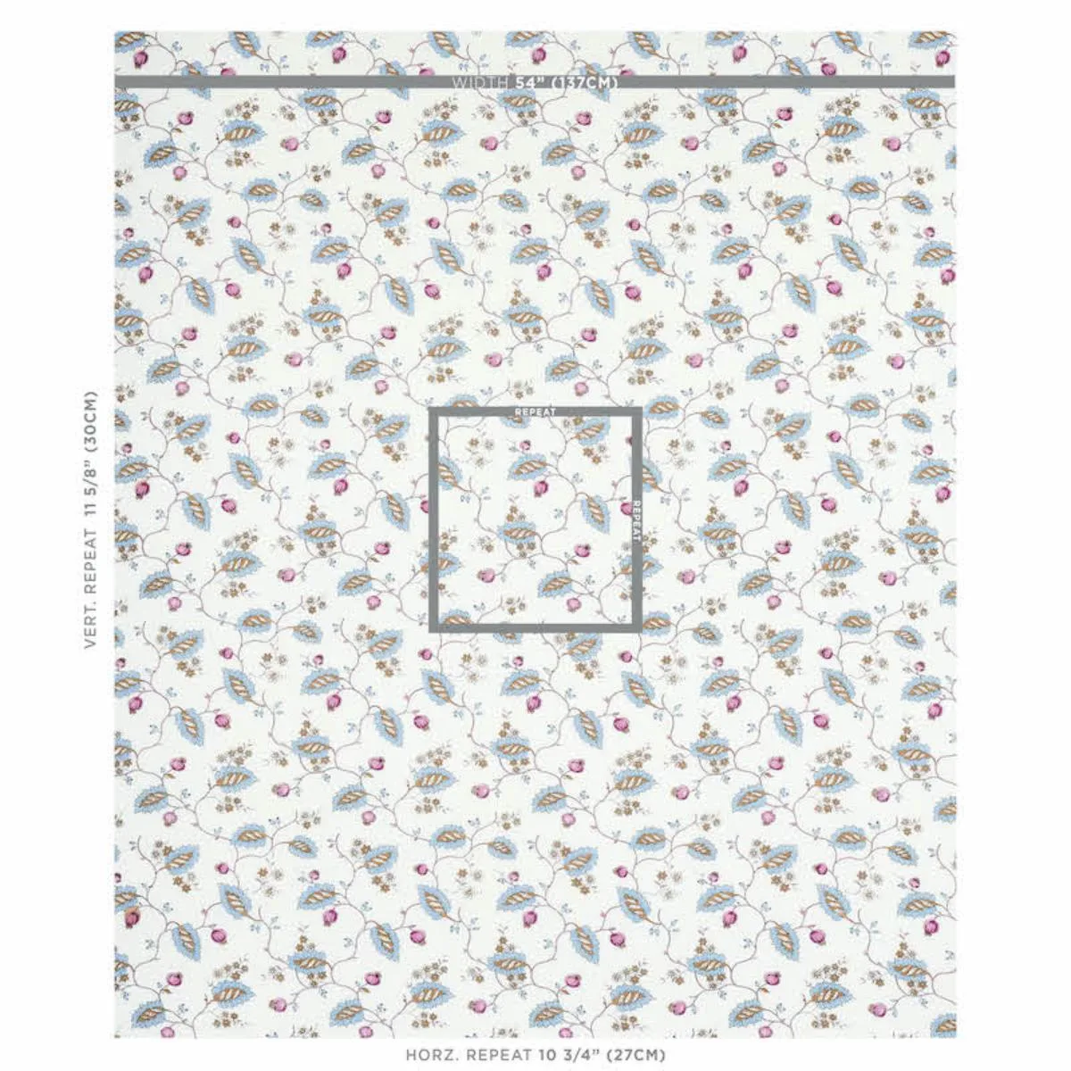 Schumacher 179452 Maryam Vine Sky & Plum fabric swatch