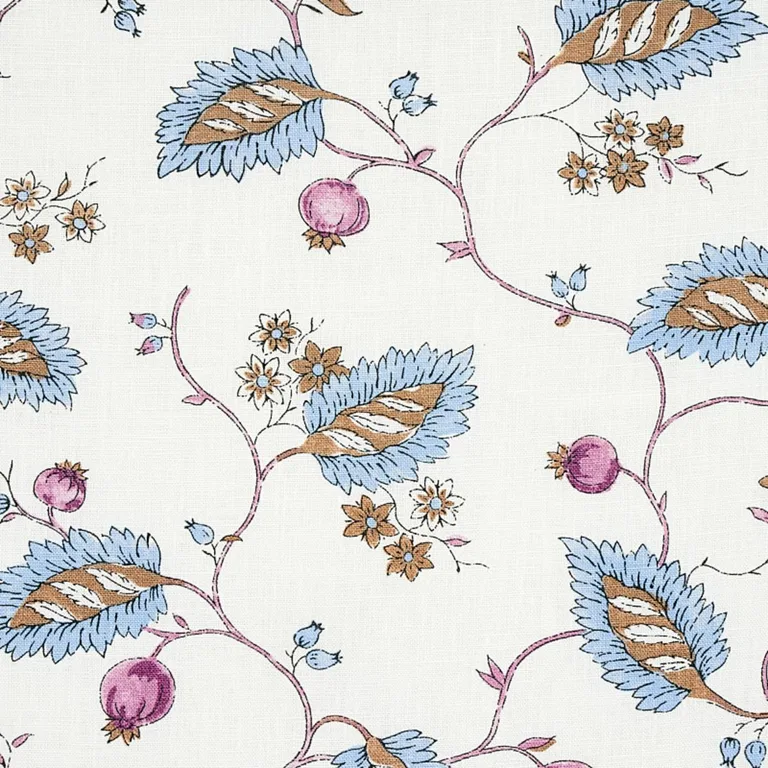 Schumacher 179452 Maryam Vine Sky & Plum fabric swatch