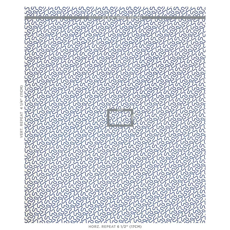 Schumacher 67603 Meander Embroidery Blue On Ivory fabric swatch