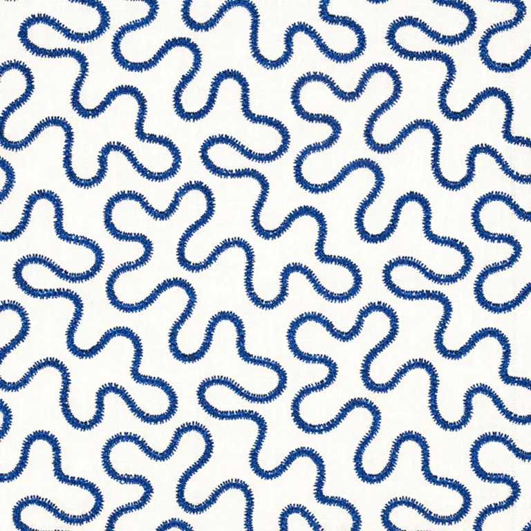 Schumacher 67603 Meander Embroidery Blue On Ivory fabric swatch