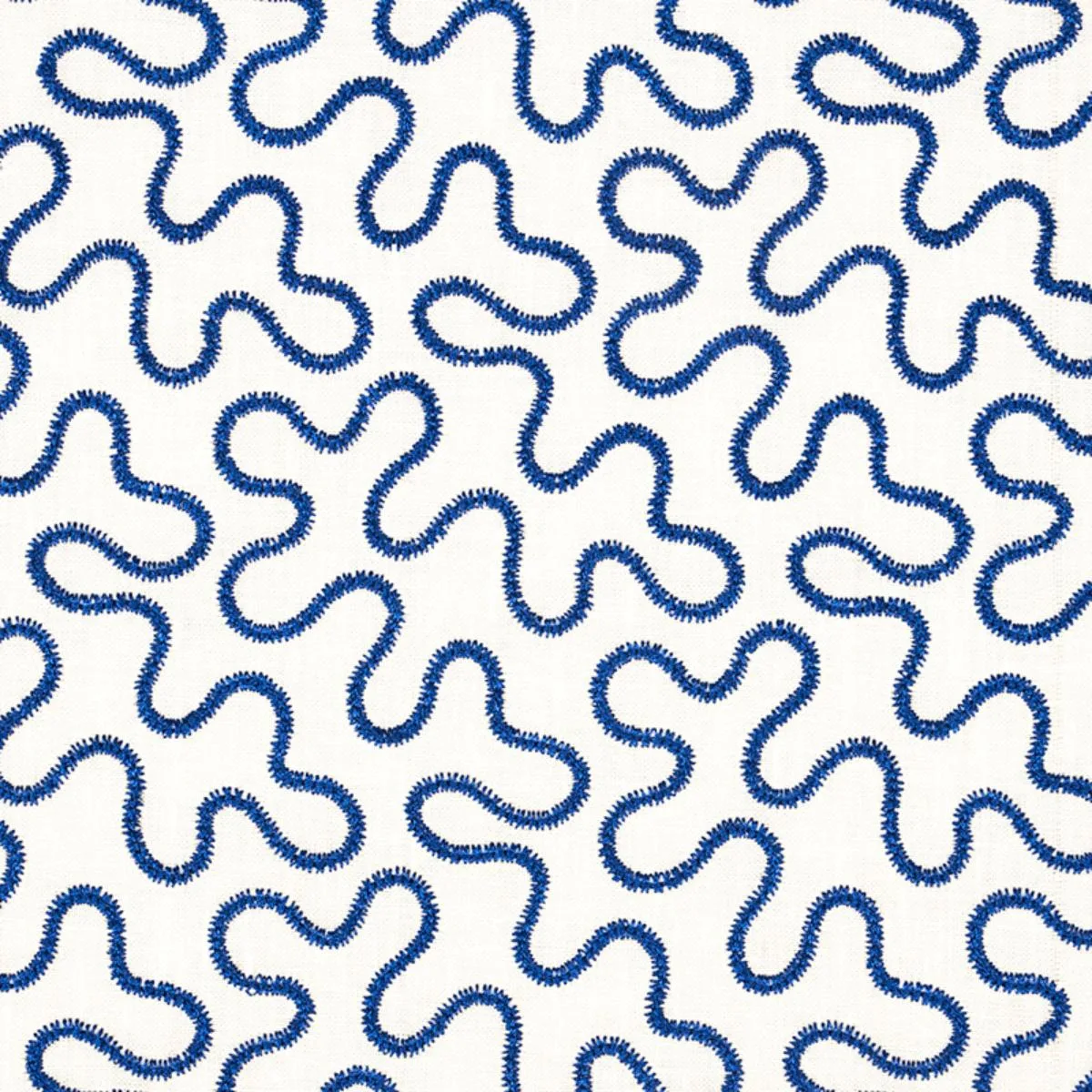 Schumacher 67603 Meander Embroidery Blue On Ivory fabric swatch