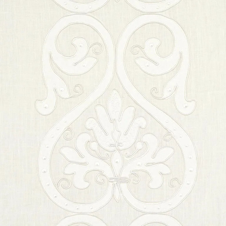 Schumacher 67640 Medici Embroidered Sheer Blanc fabric swatch