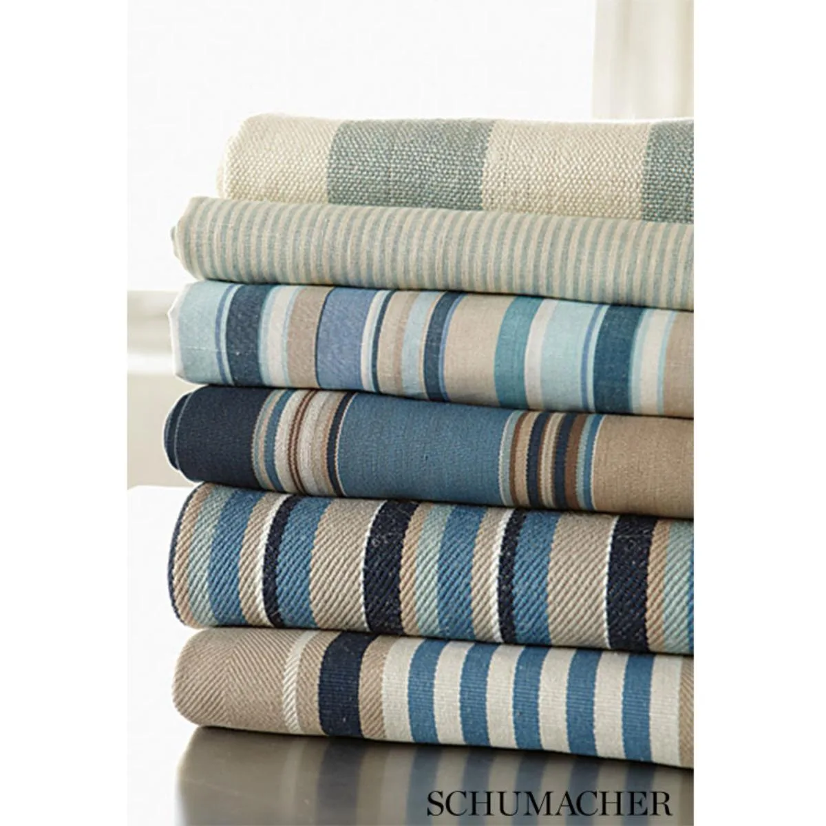 Schumacher 66011 Minzer Cotton Stripe Indigo fabric swatch