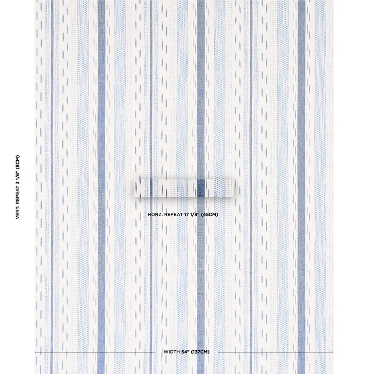 Schumacher 82110 Mirza Ikat Stripe Blue On Natural fabric swatch