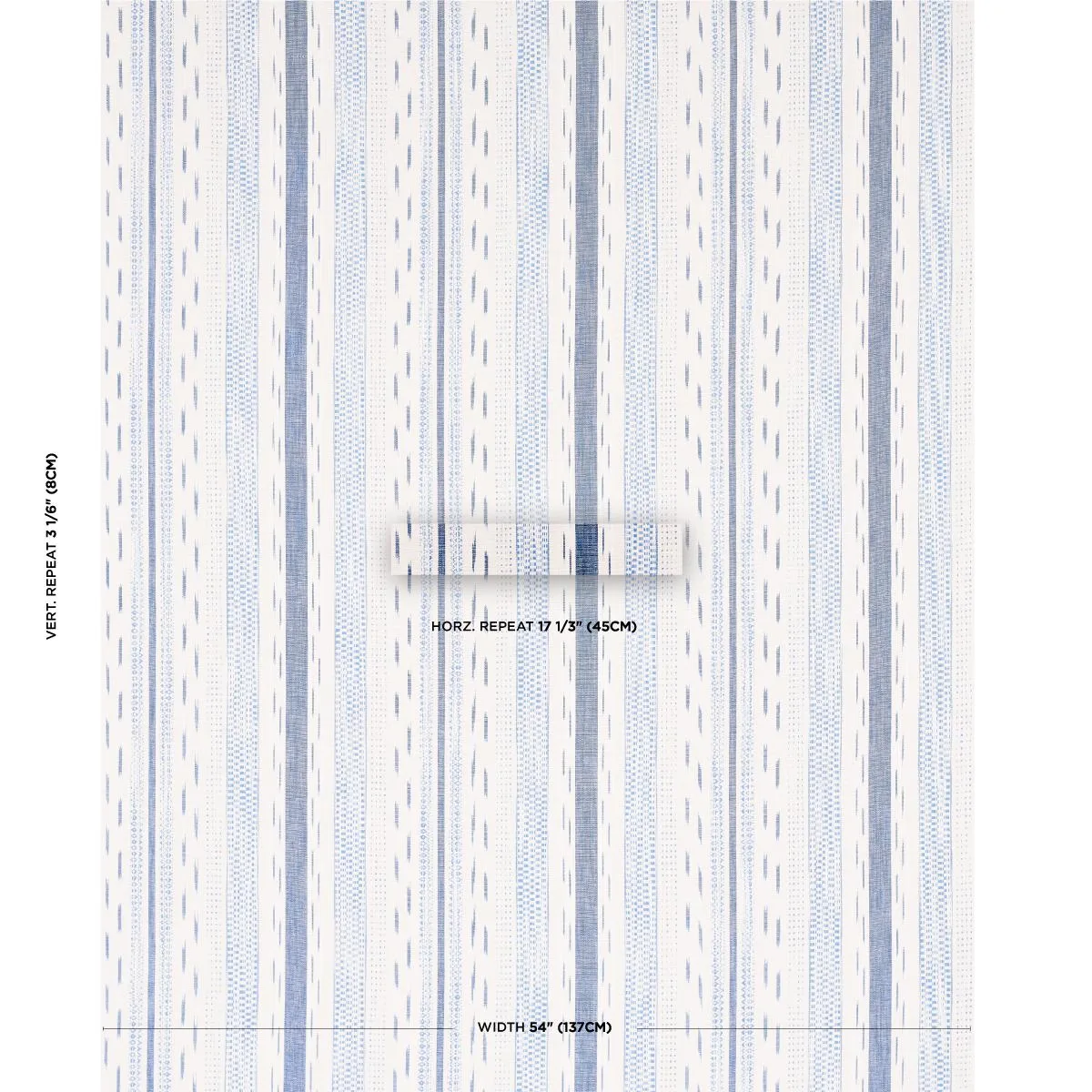 Schumacher 82110 Mirza Ikat Stripe Blue On Natural fabric swatch