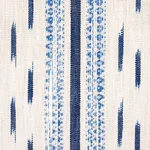 Schumacher 82110 Mirza Ikat Stripe Blue On Natural fabric swatch