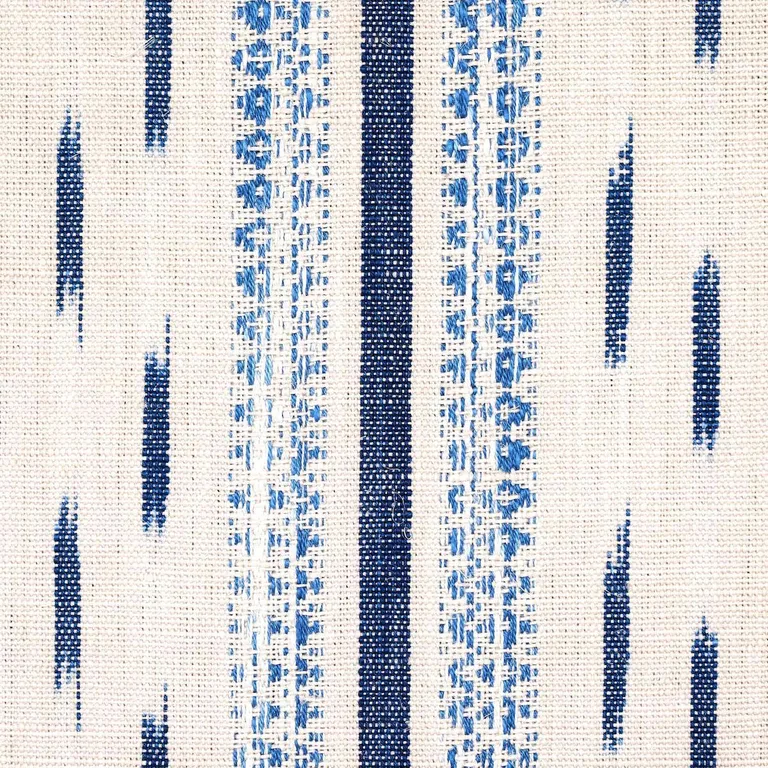 Schumacher 82110 Mirza Ikat Stripe Blue On Natural fabric swatch