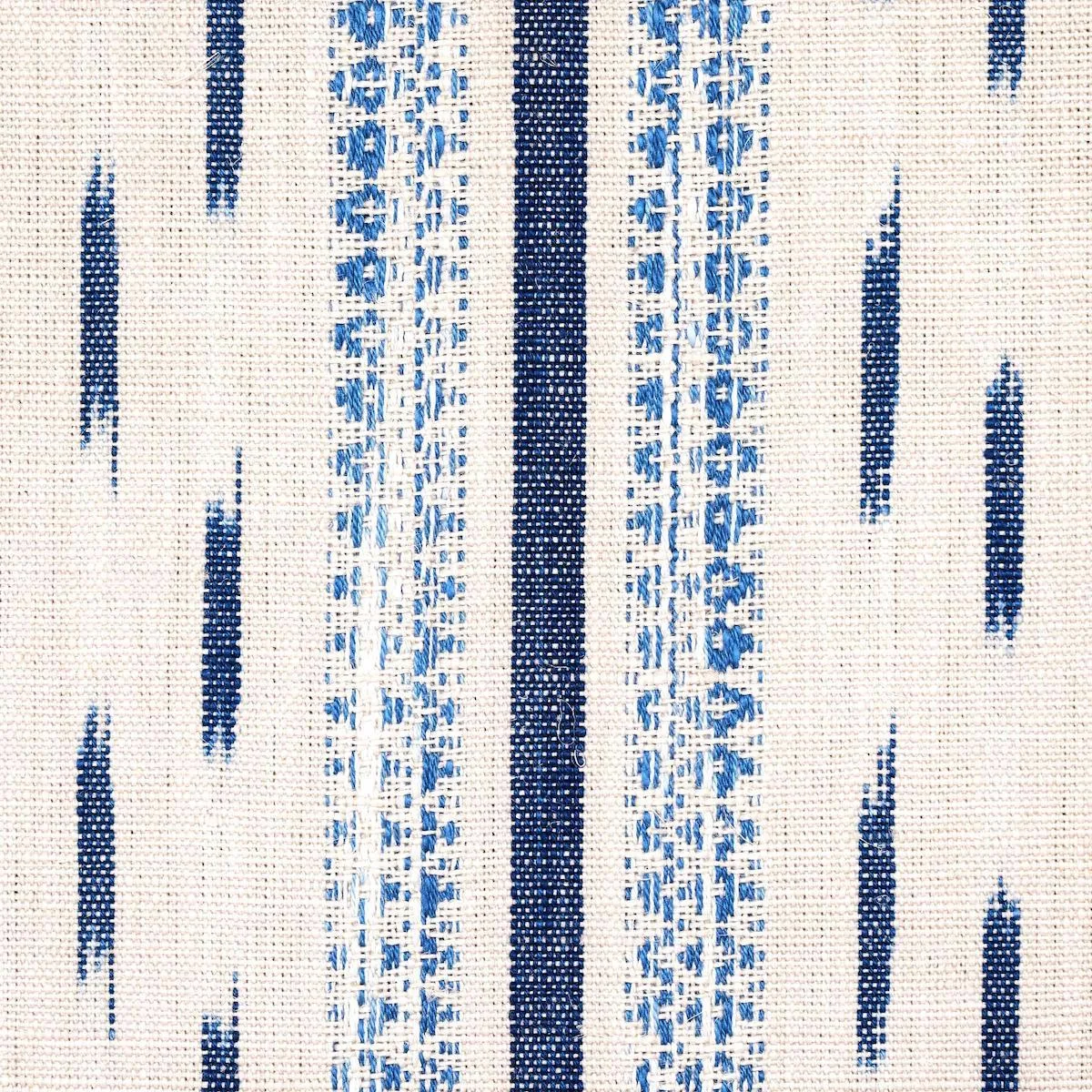 Schumacher 82110 Mirza Ikat Stripe Blue On Natural fabric swatch
