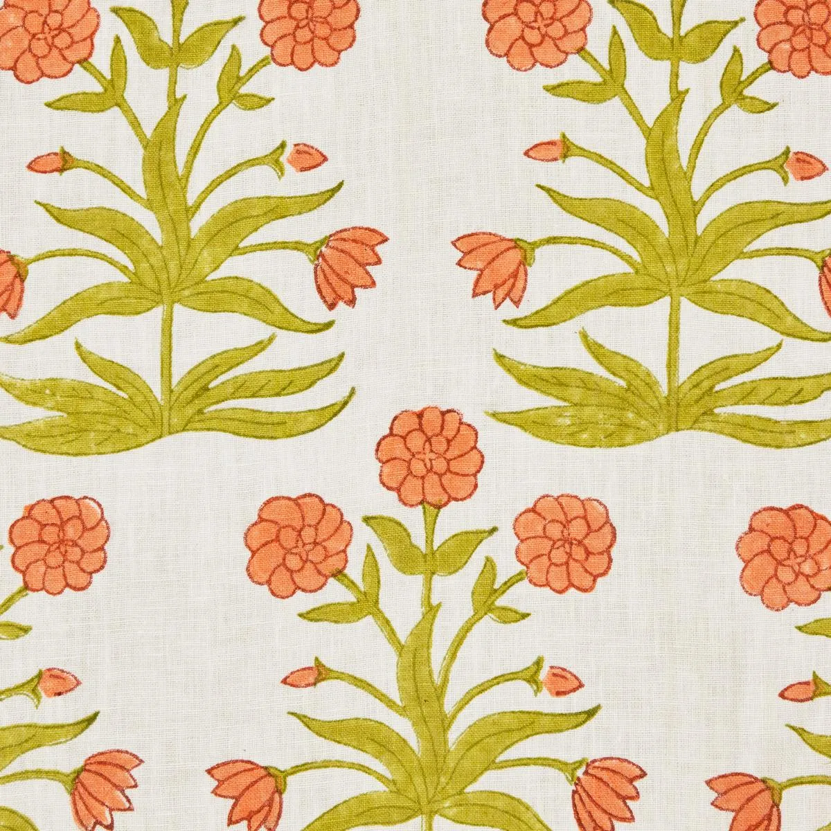 Schumacher 181783 Mughal Hand Block Print Peach Sap Green fabric swatch