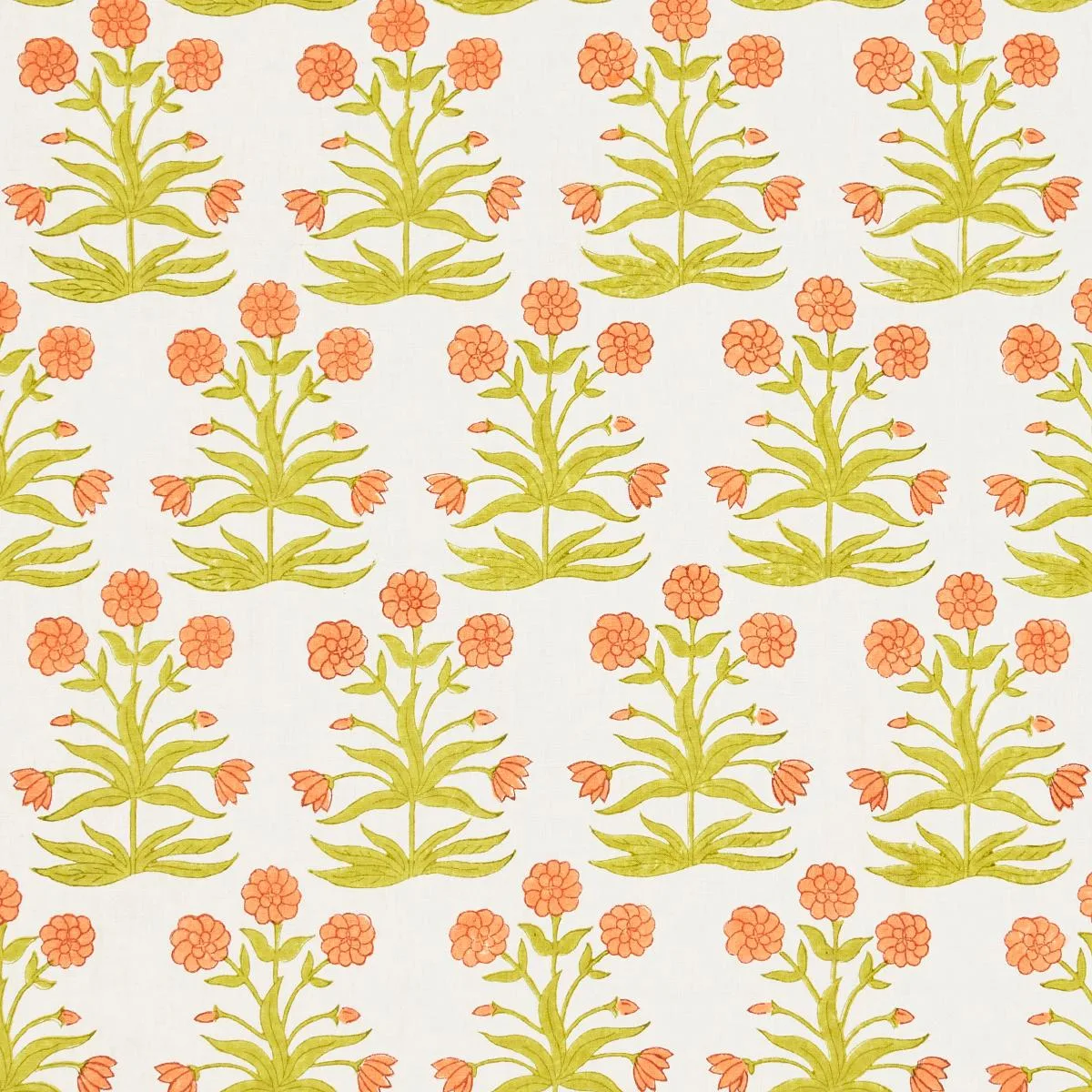 Schumacher 181783 Mughal Hand Block Print Peach Sap Green fabric swatch