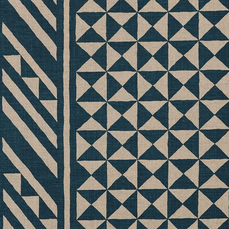 Schumacher 176302 Nuba Indigo On Natural fabric swatch