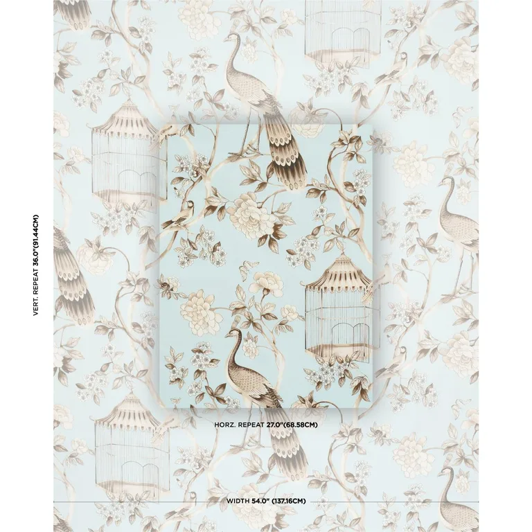 Schumacher 173440 Oiseaux Et Fleurs Mineral fabric swatch