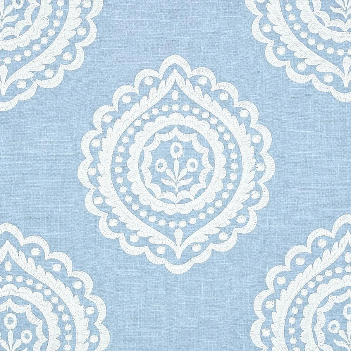 Schumacher 70207 Olana Linen Embroidery Sky fabric swatch