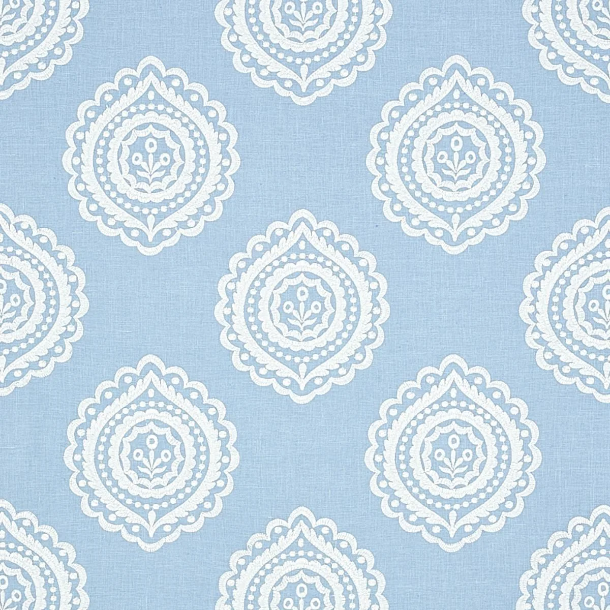 Schumacher 70207 Olana Linen Embroidery Sky fabric swatch