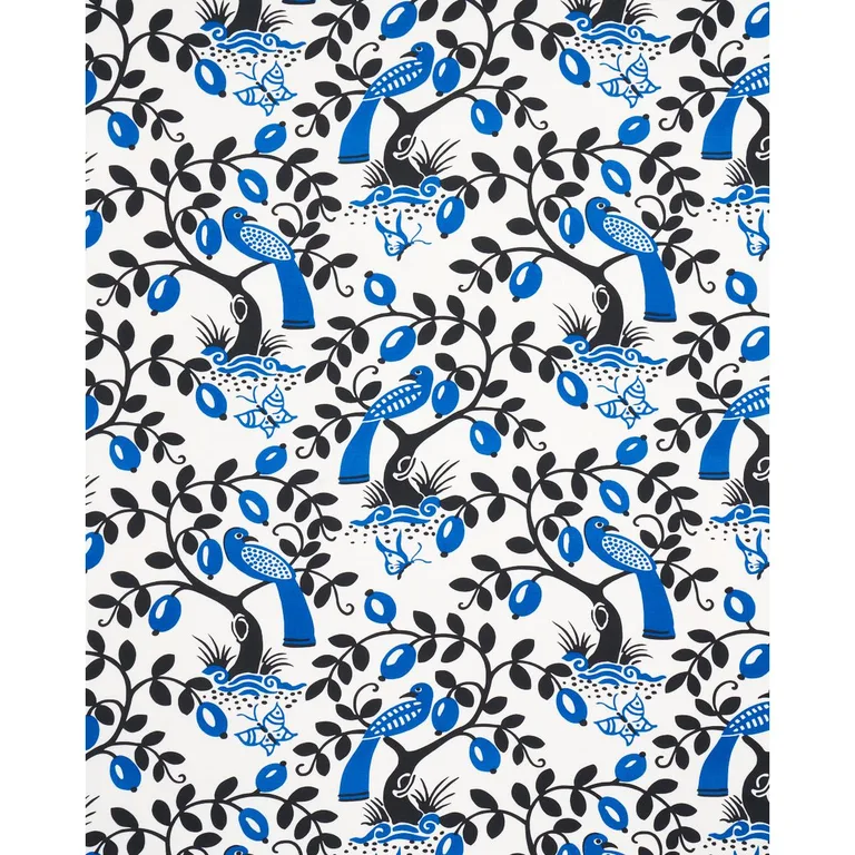 Schumacher 177470 Olive Tree Black & Blue fabric swatch