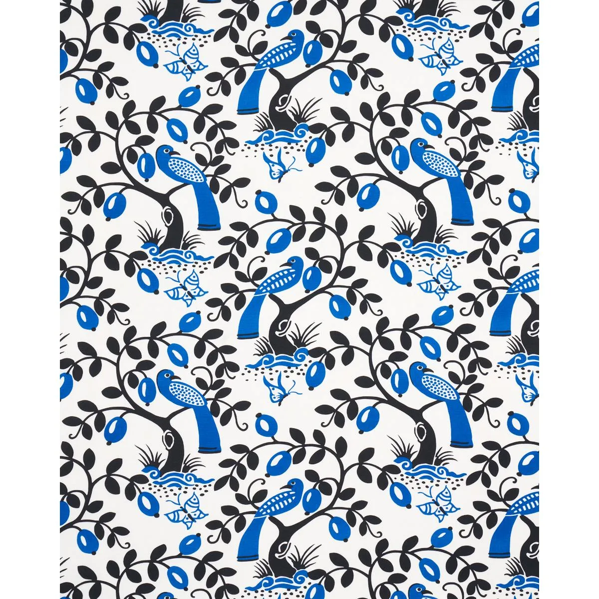 Schumacher 177470 Olive Tree Black & Blue fabric swatch