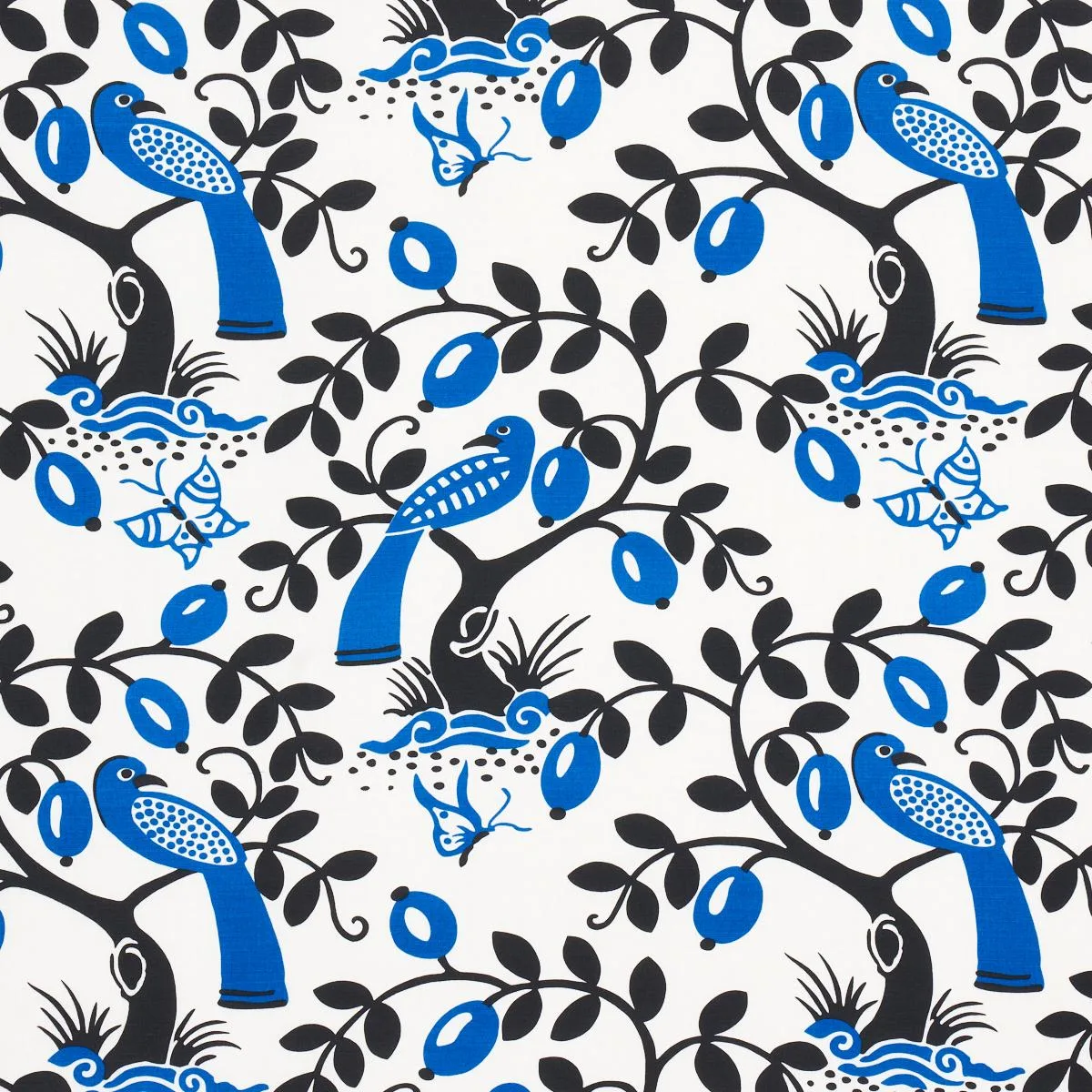 Schumacher 177470 Olive Tree Black & Blue fabric swatch