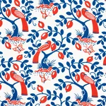 Schumacher 177471 Olive Tree Blue & Red fabric swatch