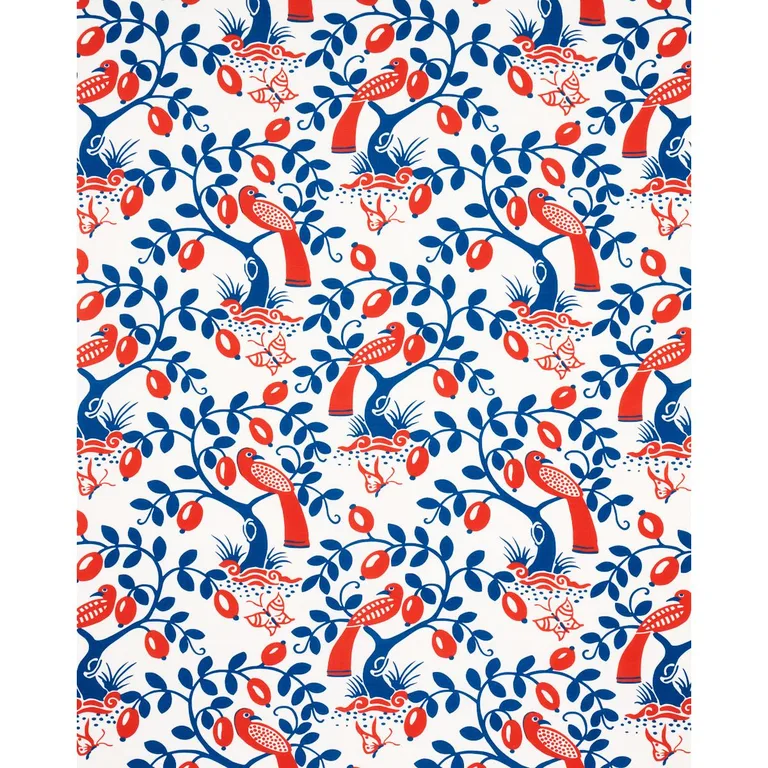 Schumacher 177471 Olive Tree Blue & Red fabric swatch