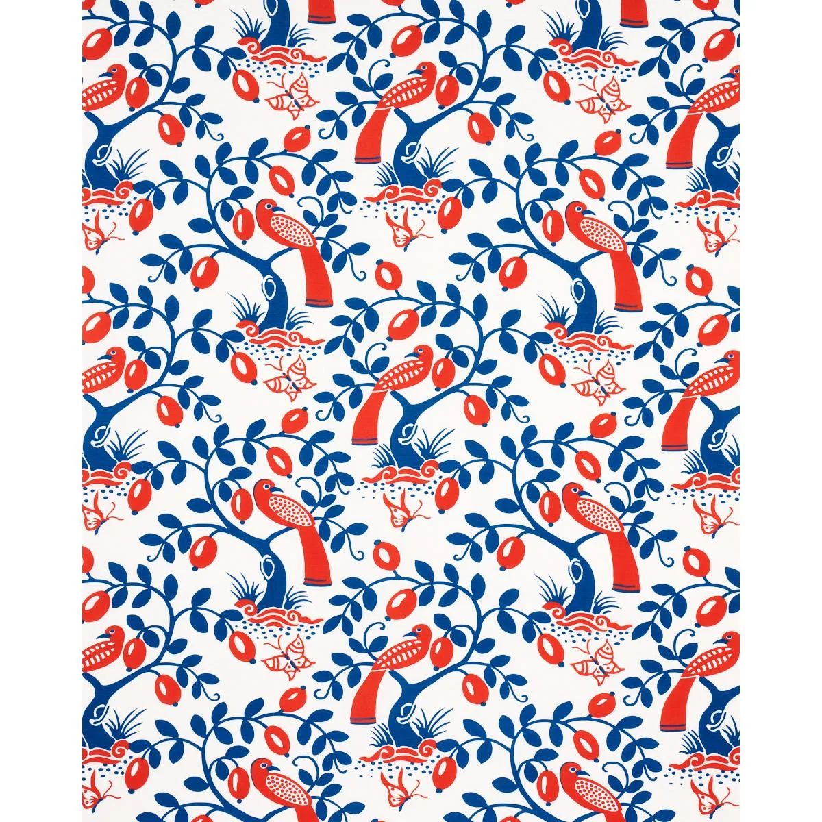 Schumacher 177471 Olive Tree Blue & Red fabric swatch