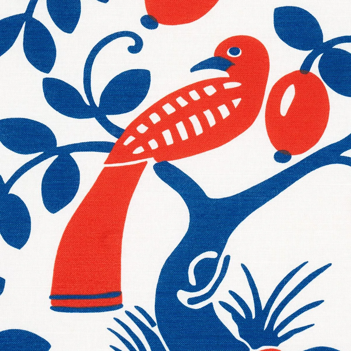 Schumacher 177471 Olive Tree Blue & Red fabric swatch