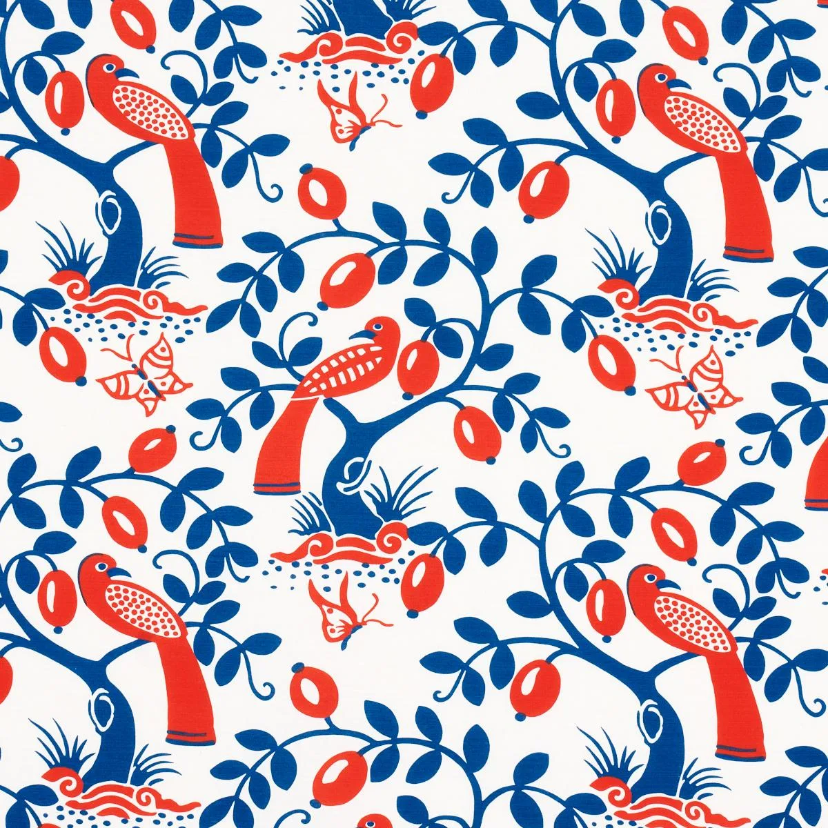 Schumacher 177471 Olive Tree Blue & Red fabric swatch