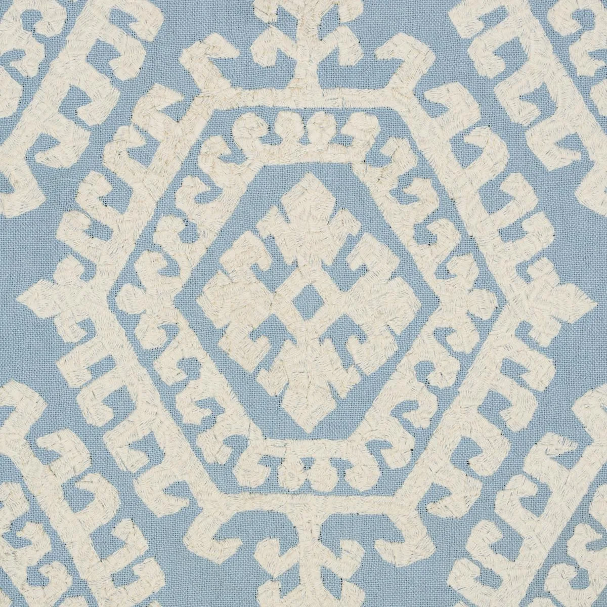 Schumacher 71945 Omar Embroidery Sky fabric swatch