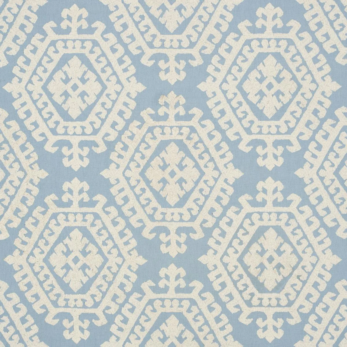 Schumacher 71945 Omar Embroidery Sky fabric swatch
