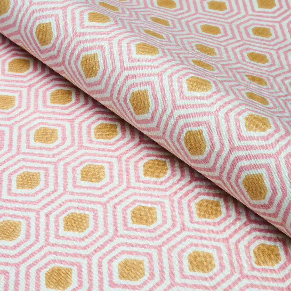Schumacher 180372 Otis Hand Print Pink & Gold fabric swatch