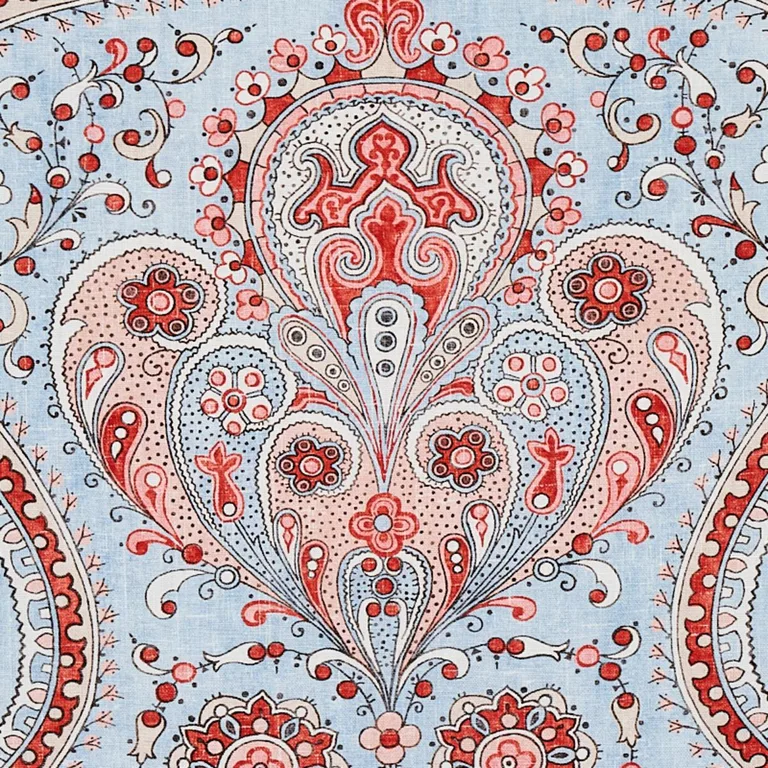 Schumacher 179861 Paisley Court Sky & Rose fabric swatch